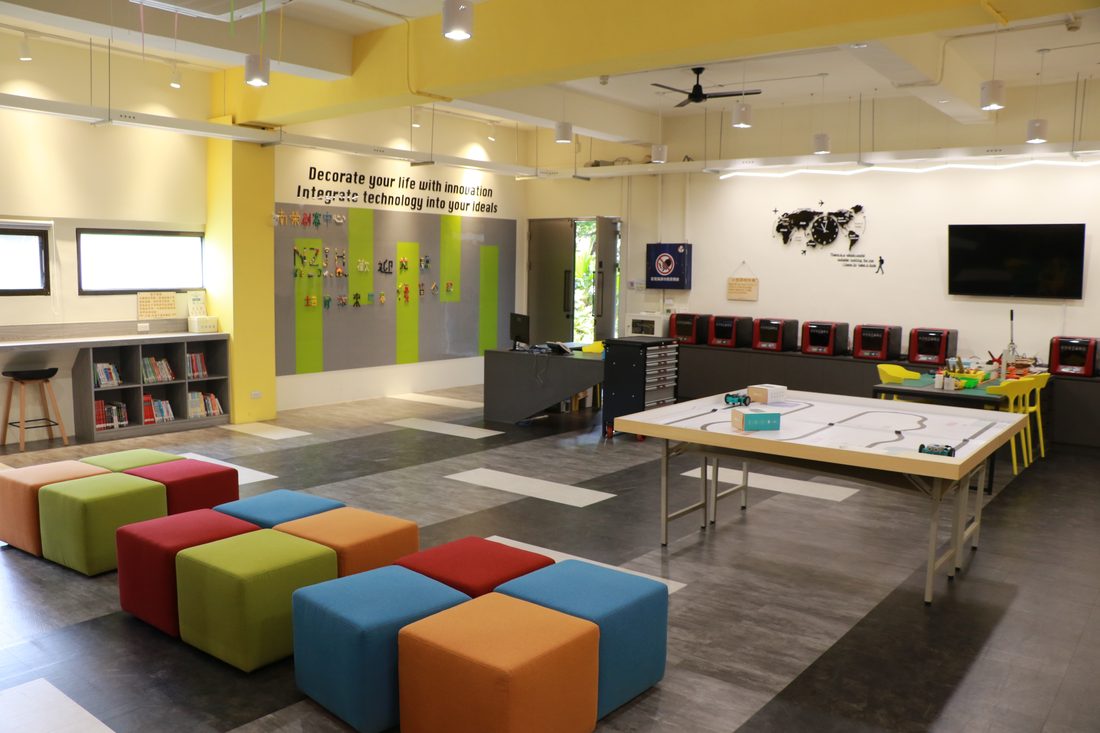 Colorful breakout seating in the Hub